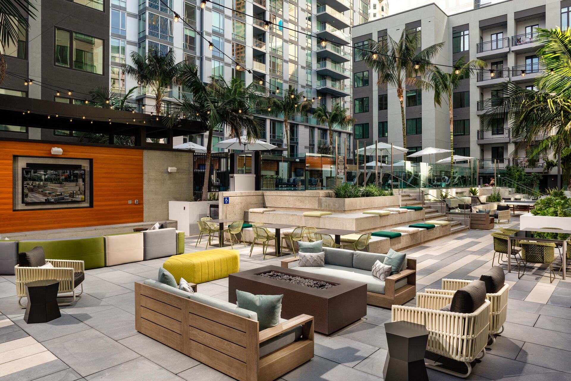 Resort-style outdoor entertainment courtyard